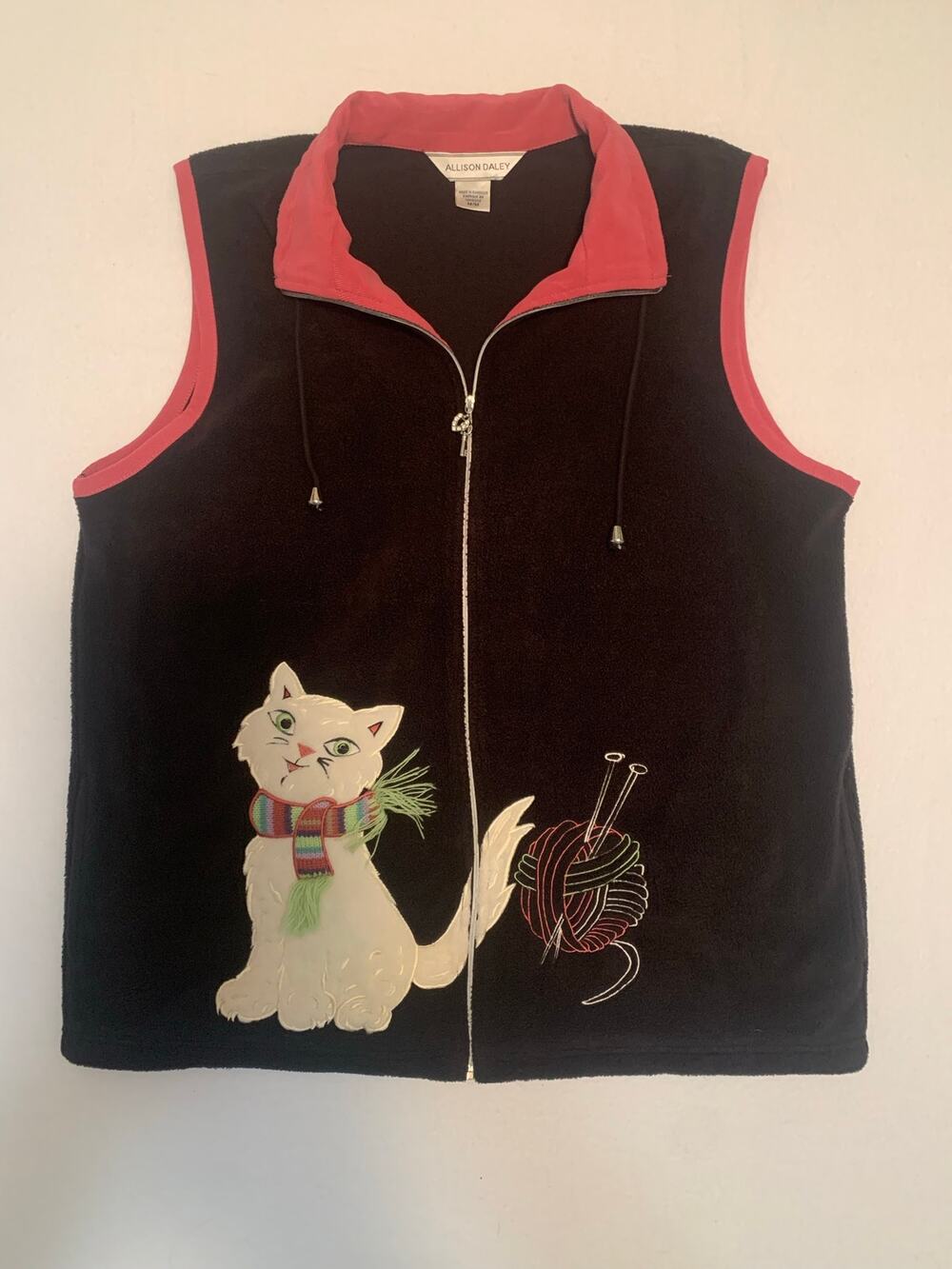 Allison Daley Black Fleece Vest w/ Cat Appliqué Ladies Size Medium